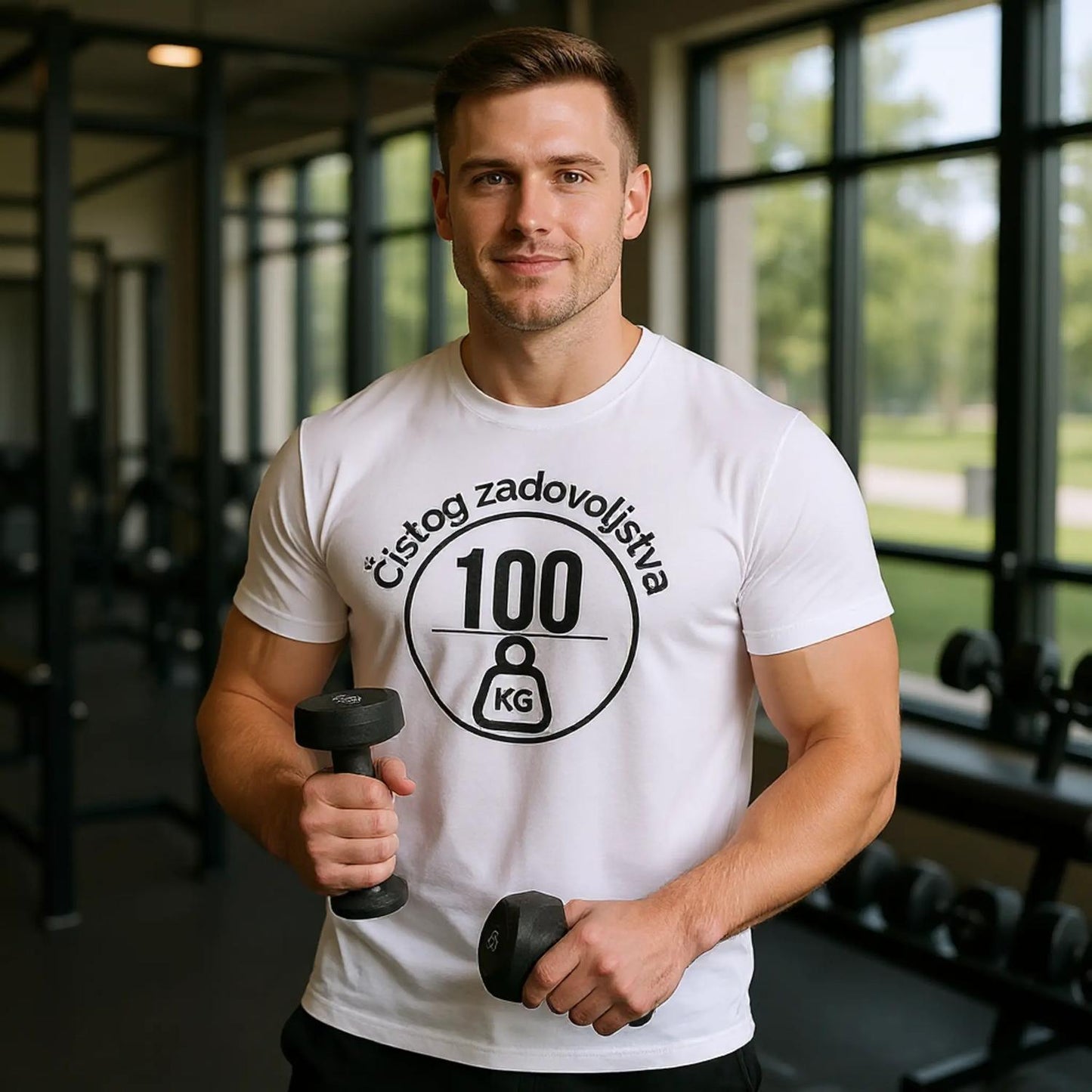 Bijela muška majica s printom '100 kg čistog zadovoljstva' na modelu, prikladna za svakodnevno nošenje.