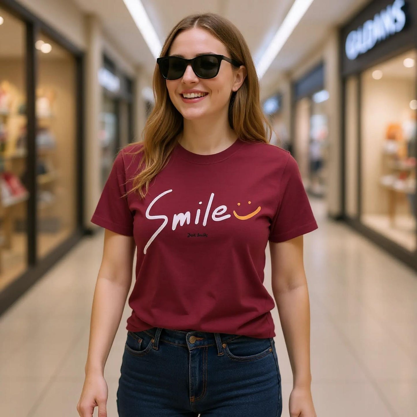 Ženska roza majica kratkih rukava s natpisom 'SMILE', prikazana na modelu sprijeda