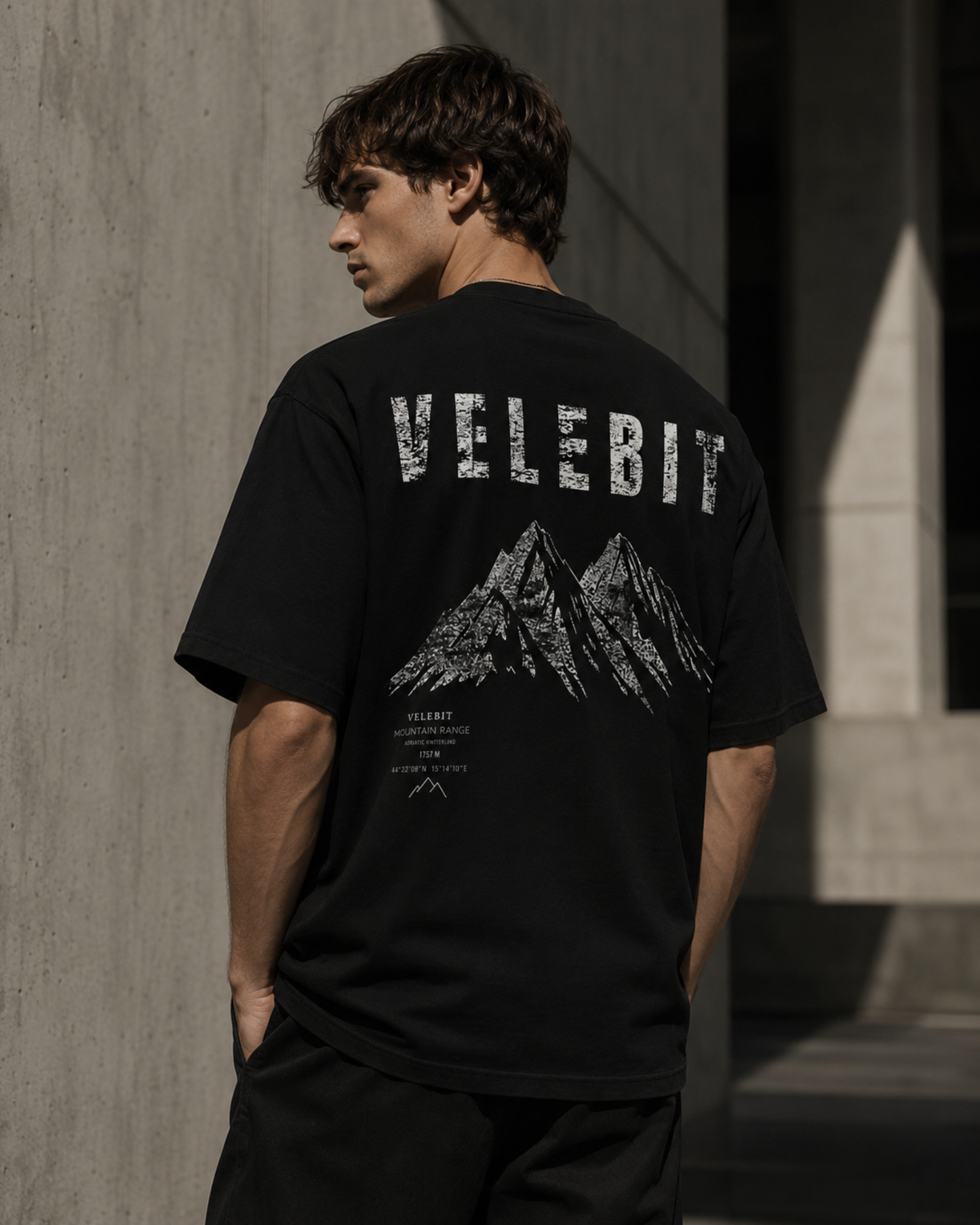 ZeroCore Velebit graphic oversized t-shirt, back print detail on model