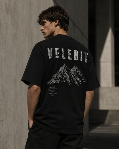 ZeroCore Velebit graphic oversized t-shirt, back print detail on model