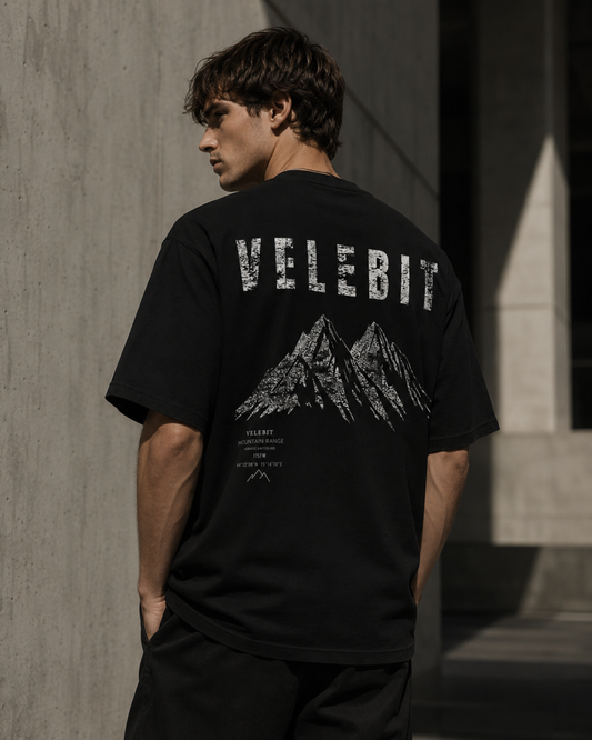 ZeroCore Velebit graphic oversized t-shirt, back print detail on model